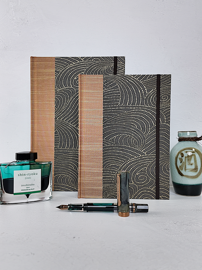 NEW A5 160-page Hardcover Journal finished in Bronze Japanese book cloth and Gold on Brown Chiyogami Paper
