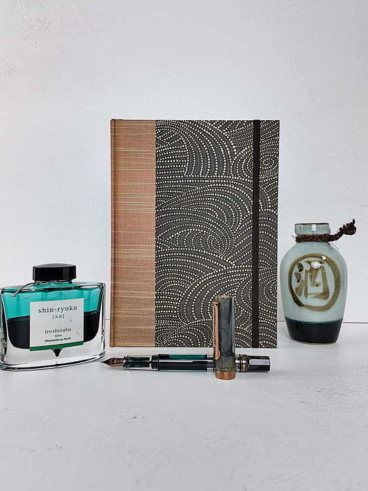 A5 160-page Hardcover Journal finished in Bronze Japanese book cloth and Gold on Brown Chiyogami Paper