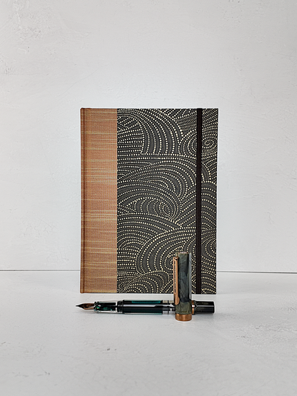 NEW A5 160-page Hardcover Journal finished in Bronze Japanese book cloth and Gold on Brown Chiyogami Paper