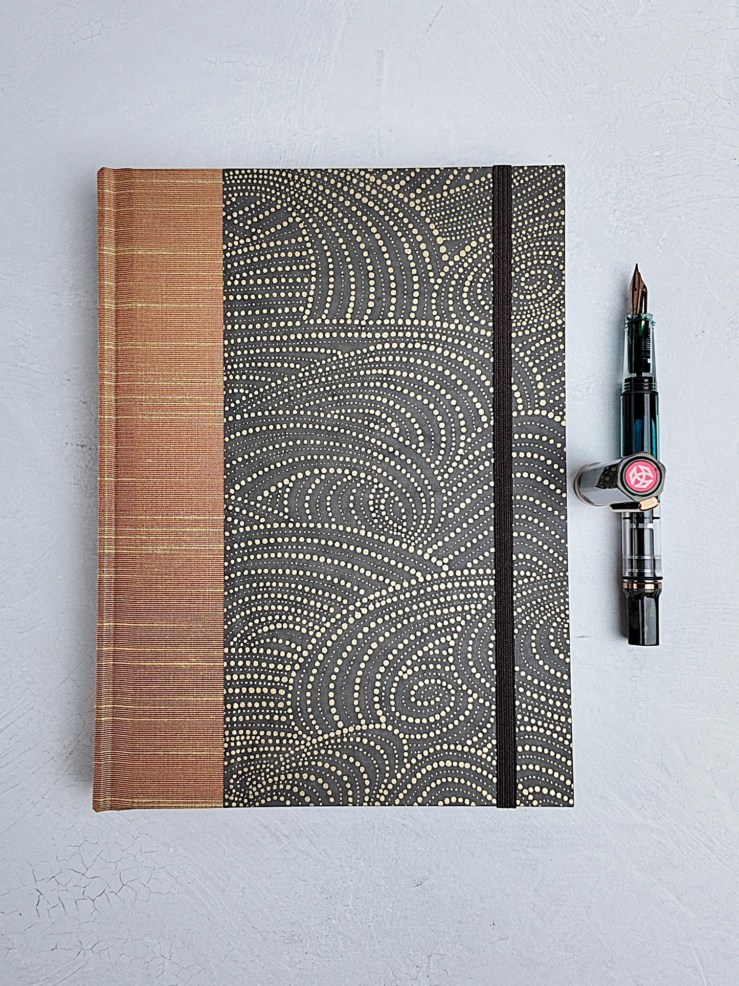 NEW A5 160-page Hardcover Journal finished in Bronze Japanese book cloth and Gold on Brown Chiyogami Paper