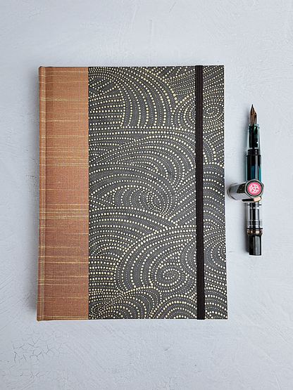 NEW A5 160-page Hardcover Journal finished in Bronze Japanese book cloth and Gold on Brown Chiyogami Paper