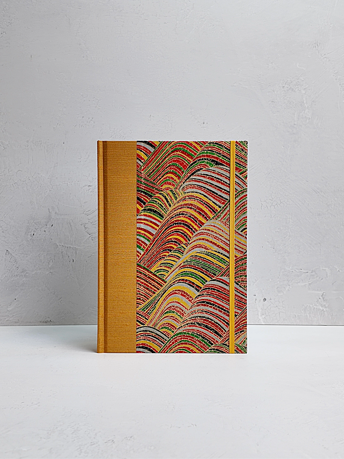 PRE-ORDER NEW B5 192-page Hardcover Journal finished in Ochre Japanese book cloth and Rolling Hills Chiyogami Paper