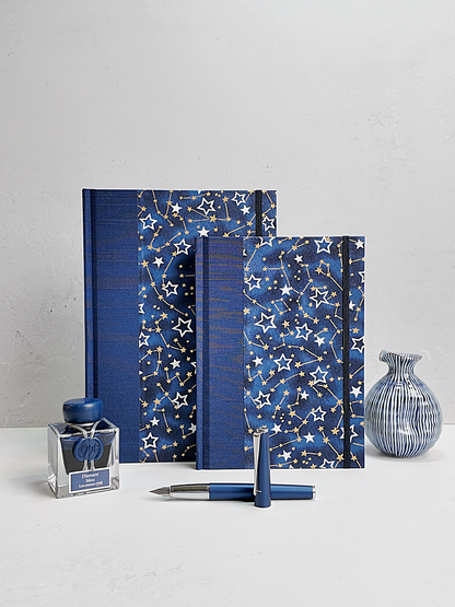 PRE-ORDER NEW A5 160-page Hardcover Journal finished in Cadet Blue Japanese Book Cloth and Galaxy Chiyogami Paper