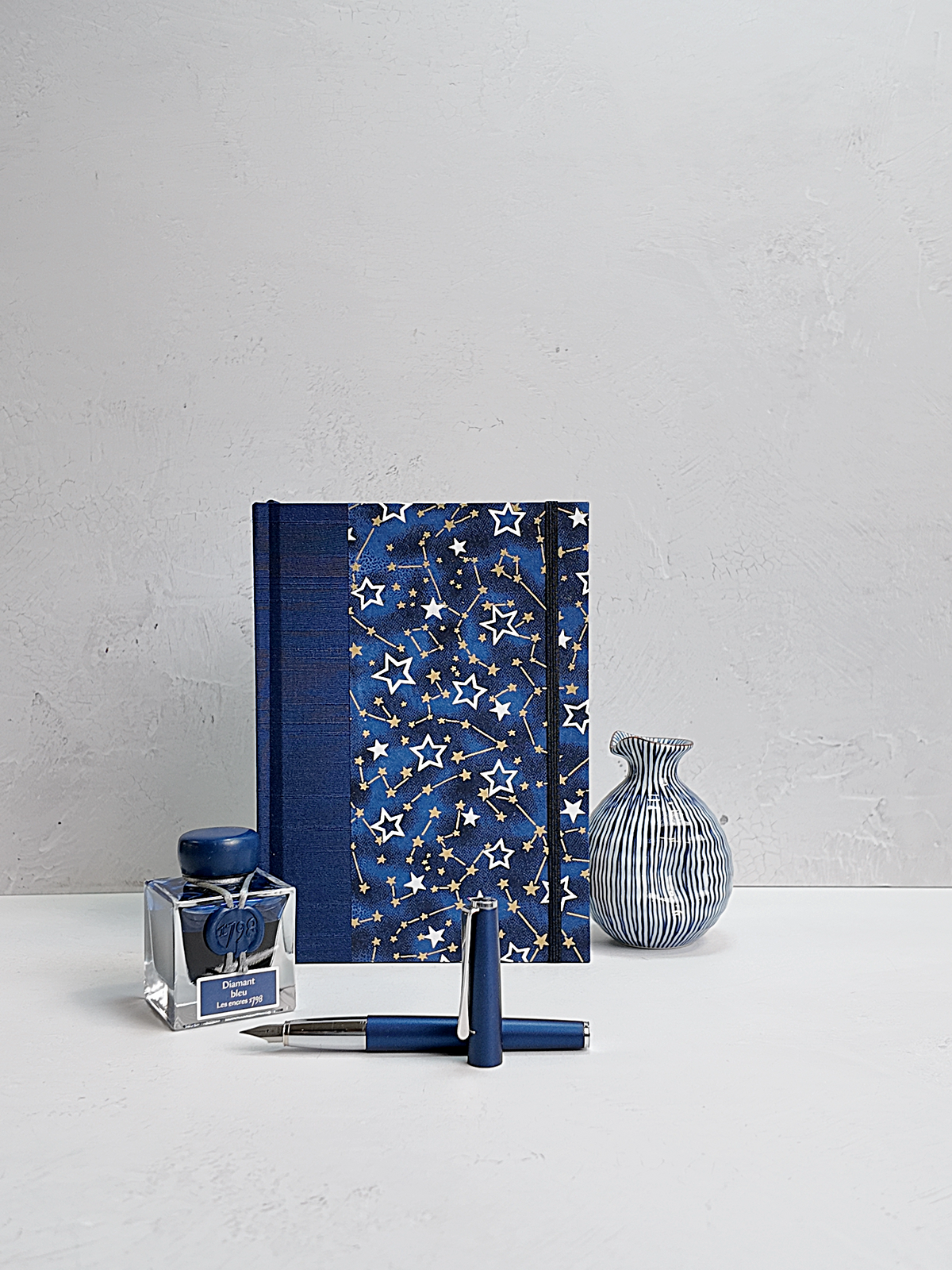 PRE-ORDER NEW A5 160-page Hardcover Journal finished in Cadet Blue Japanese Book Cloth and Galaxy Chiyogami Paper
