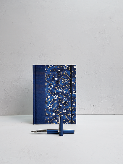 PRE-ORDER NEW A5 160-page Hardcover Journal finished in Cadet Blue Japanese Book Cloth and Galaxy Chiyogami Paper