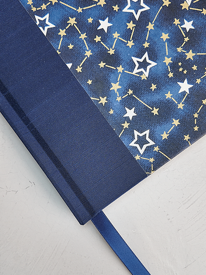 PRE-ORDER NEW A5 160-page Hardcover Journal finished in Cadet Blue Japanese Book Cloth and Galaxy Chiyogami Paper