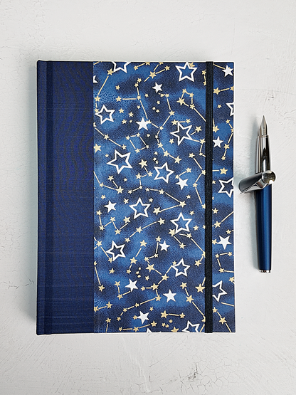 PRE-ORDER NEW A5 160-page Hardcover Journal finished in Cadet Blue Japanese Book Cloth and Galaxy Chiyogami Paper