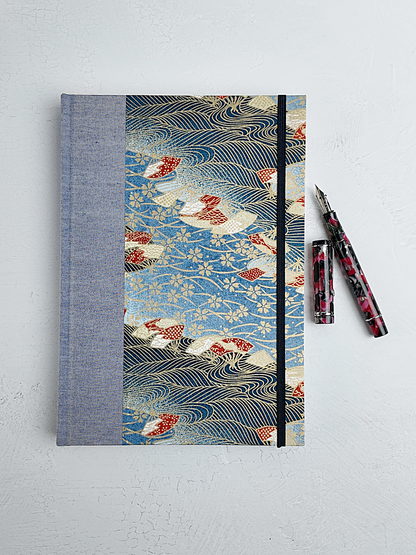 B5 192-page Hardcover Journal finished in Steel Blue Japanese book cloth and Vintage Chiyogami paper