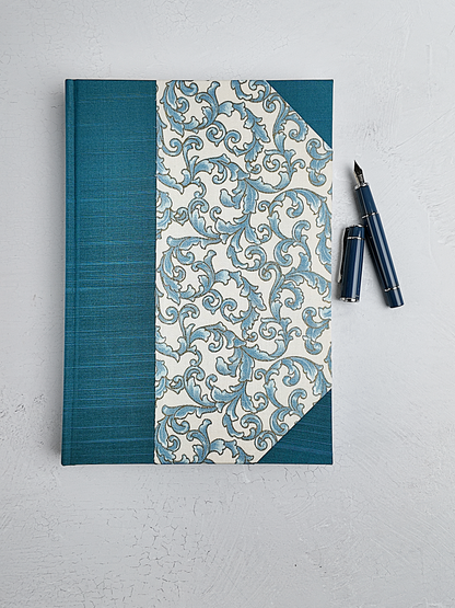 B5 192-page Hardcover Journal finished in Marine Blue Japanese book cloth and blue gold fabric