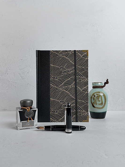 NEW A5 160-page Hardcover Journal finished in black faux leather with gold waves on black Chiyogami Paper