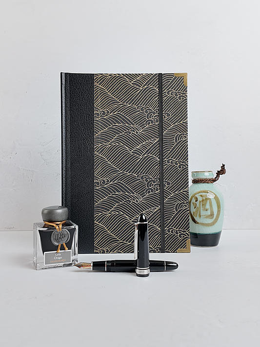 NEW B5 192-page Hardcover Journal finished in black faux leather with gold waves on black Chiyogami Paper