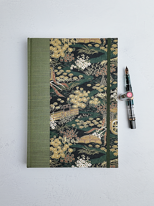 B5 192-page Hardcover Journal finished in Olive Japanese book cloth and Vintage Chiyogami paper