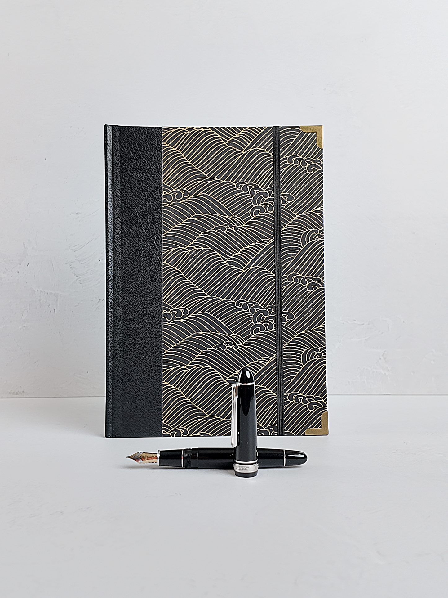 NEW B5 192-page Hardcover Journal finished in black faux leather with gold waves on black Chiyogami Paper