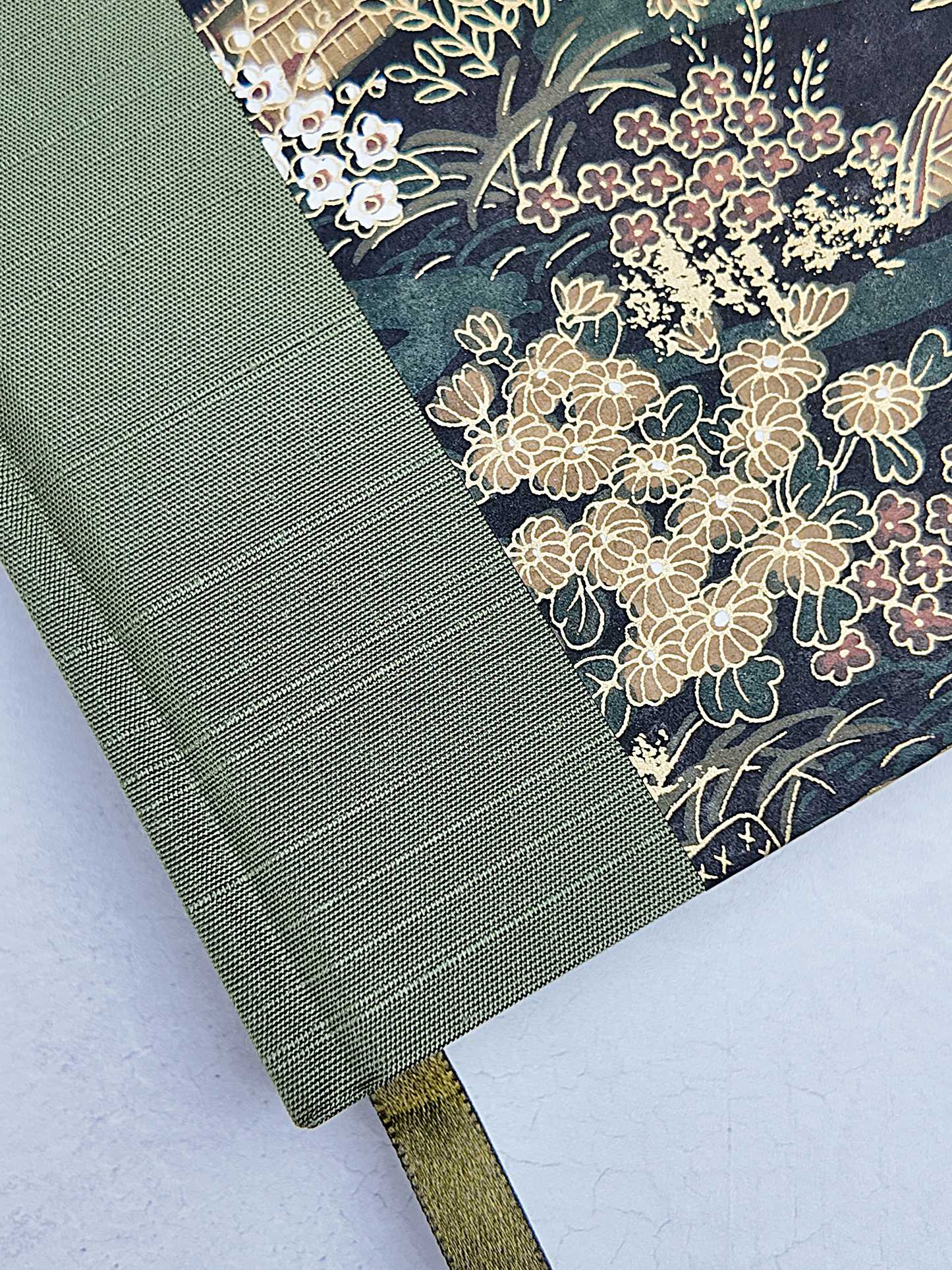 B5 192-page Hardcover Journal finished in Olive Japanese book cloth and Vintage Chiyogami paper