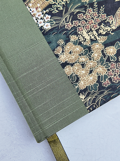 B5 192-page Hardcover Journal finished in Olive Japanese book cloth and Vintage Chiyogami paper