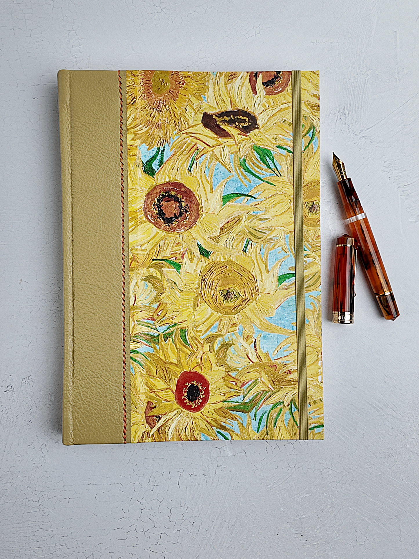 B5 192-page Hardcover Journal finished in Yellow Leather and Vincent Van Gogh Sunflower print