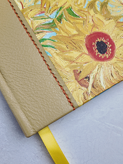 B5 192-page Hardcover Journal finished in Yellow Leather and Vincent Van Gogh Sunflower print