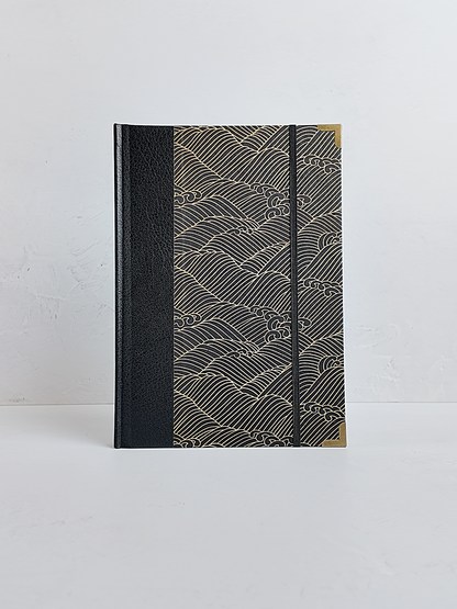 NEW B5 192-page Hardcover Journal finished in black faux leather with gold waves on black Chiyogami Paper