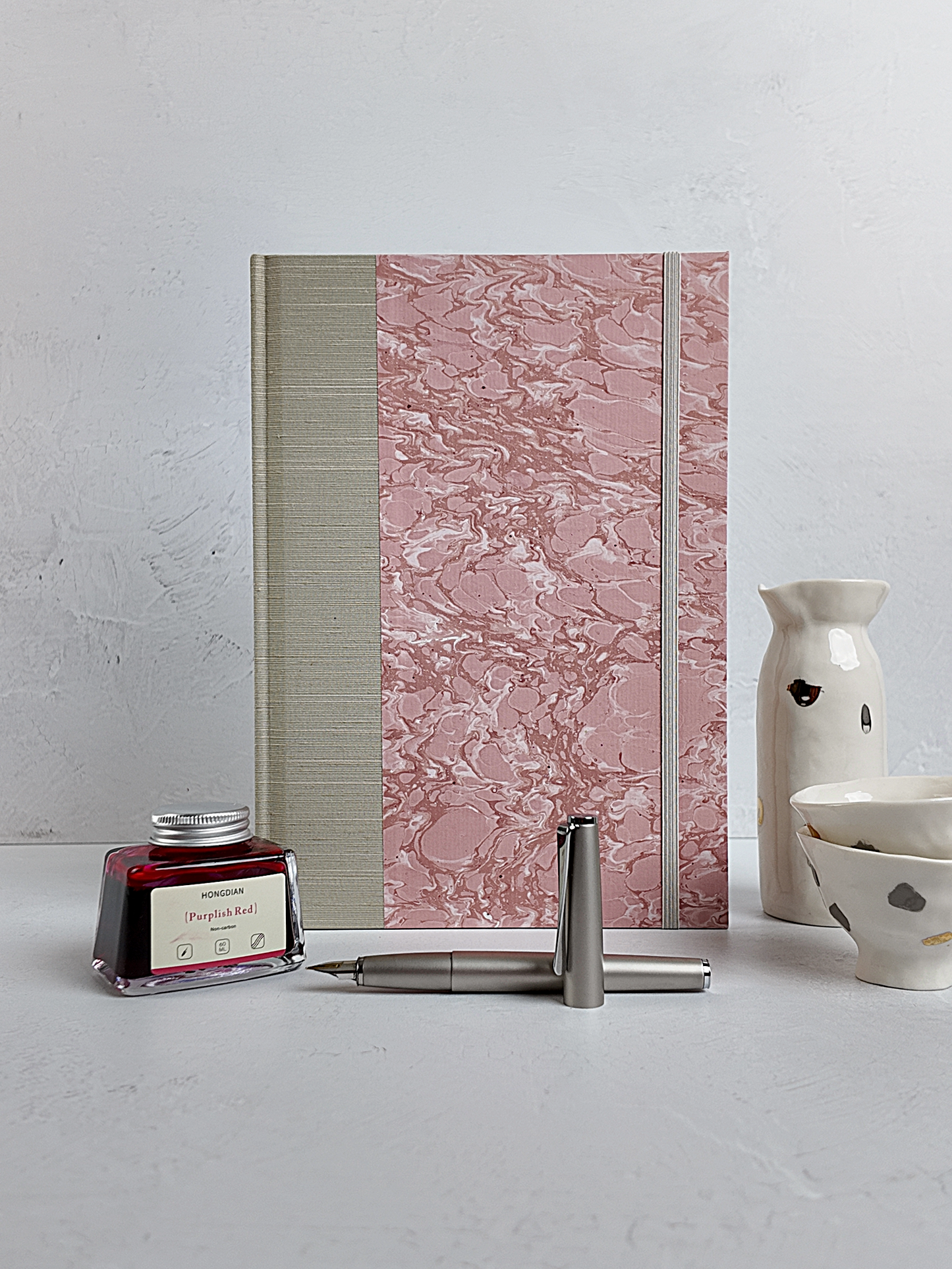 NEW B5 192-page Hardcover Journal finished in platinum Japanese book cloth and pink French marble paper