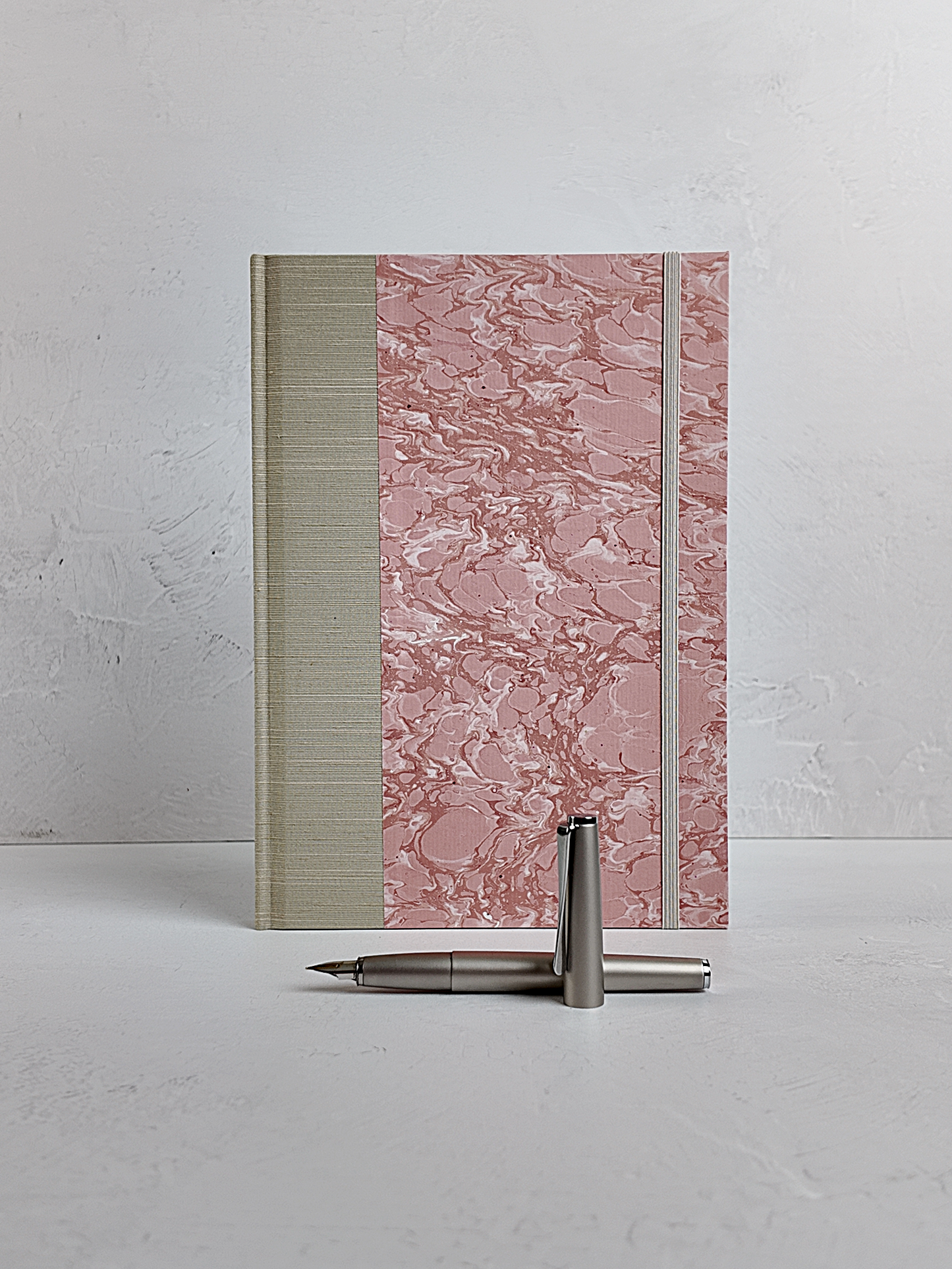 NEW B5 192-page Hardcover Journal finished in platinum Japanese book cloth and pink French marble paper