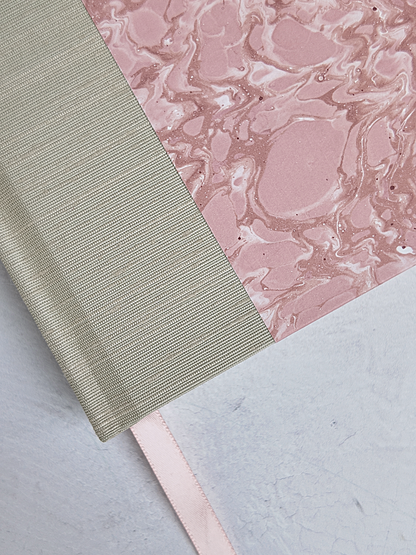 NEW B5 192-page Hardcover Journal finished in platinum Japanese book cloth and pink French marble paper