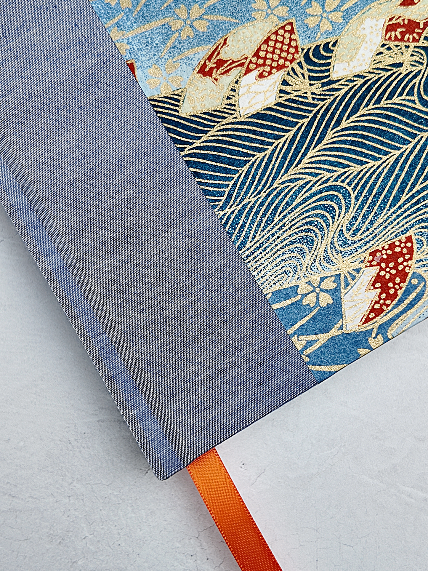 B5 192-page Hardcover Journal finished in Steel Blue Japanese book cloth and Vintage Chiyogami paper