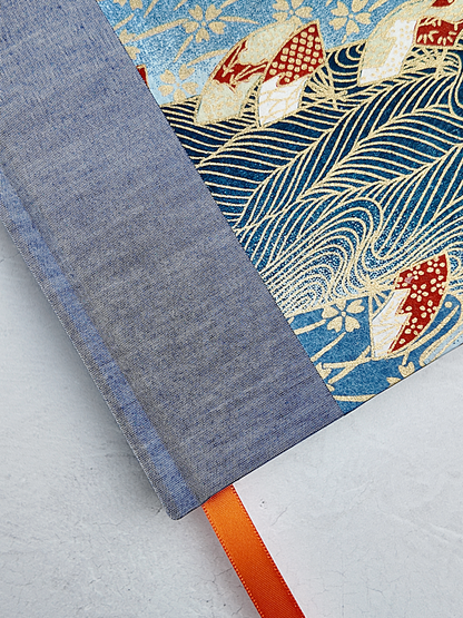 B5 192-page Hardcover Journal finished in Steel Blue Japanese book cloth and Vintage Chiyogami paper