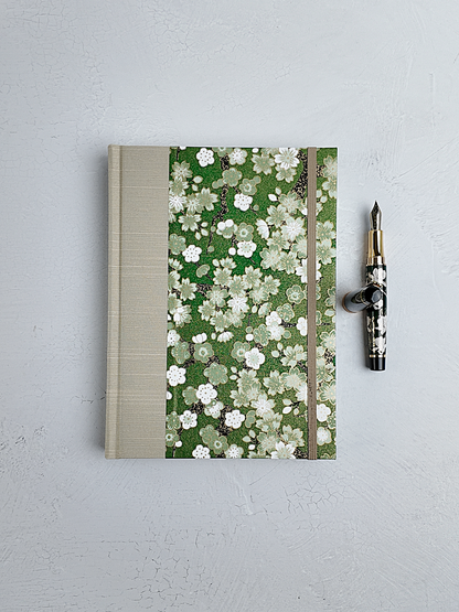 A5 160-page Hardcover Journal finished in Platinum Japanese book cloth and green Cherry Blossom Chiyogami Paper