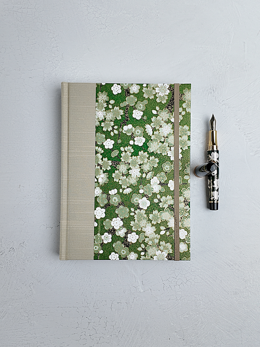 A5 160-page Hardcover Journal finished in Platinum Japanese book cloth and green Cherry Blossom Chiyogami Paper