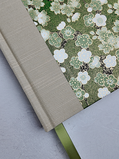 A5 160-page Hardcover Journal finished in Platinum Japanese book cloth and green Cherry Blossom Chiyogami Paper