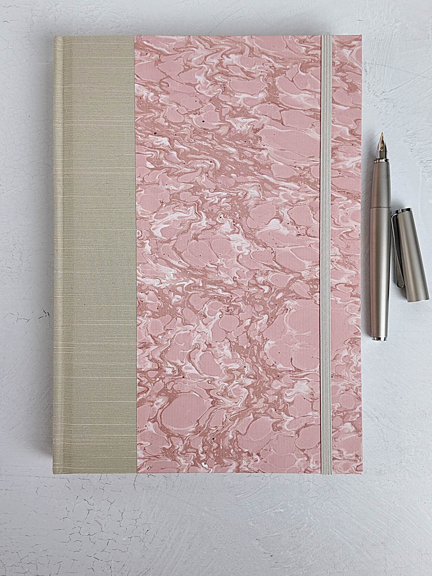 NEW B5 192-page Hardcover Journal finished in platinum Japanese book cloth and pink French marble paper