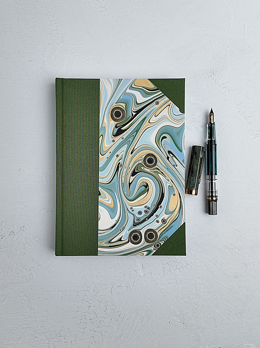 A5 160-page Hardcover Journal finished in Olive Verona book cloth and Renato Crepaldi Marble paper
