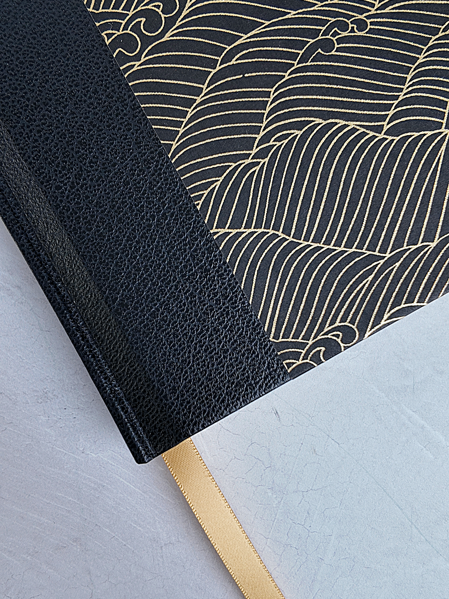 NEW B5 192-page Hardcover Journal finished in black faux leather with gold waves on black Chiyogami Paper