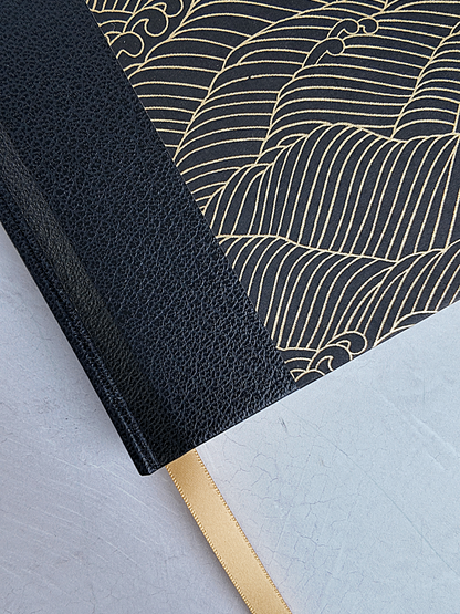 NEW B5 192-page Hardcover Journal finished in black faux leather with gold waves on black Chiyogami Paper