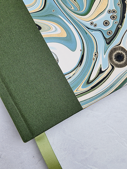 A5 160-page Hardcover Journal finished in Olive Verona book cloth and Renato Crepaldi Marble paper