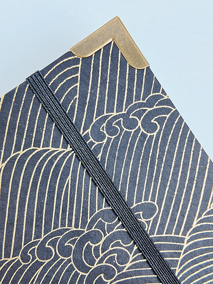 NEW B5 192-page Hardcover Journal finished in black faux leather with gold waves on black Chiyogami Paper