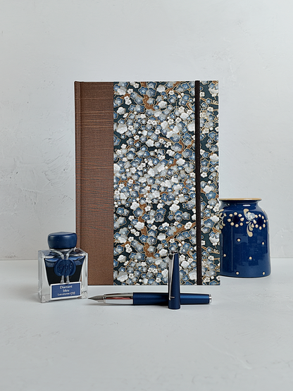 NEW B5 192-page Hardcover Journal finished in brown Japanese book cloth with indigo and gold Cherry Blossom Chiyogami paper