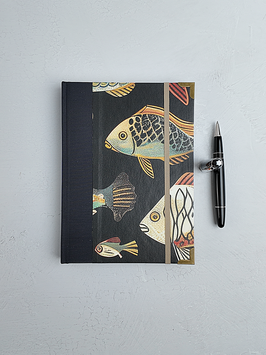A5 160-page Hardcover Journal finished in Black Japanese book cloth and Fish motif print