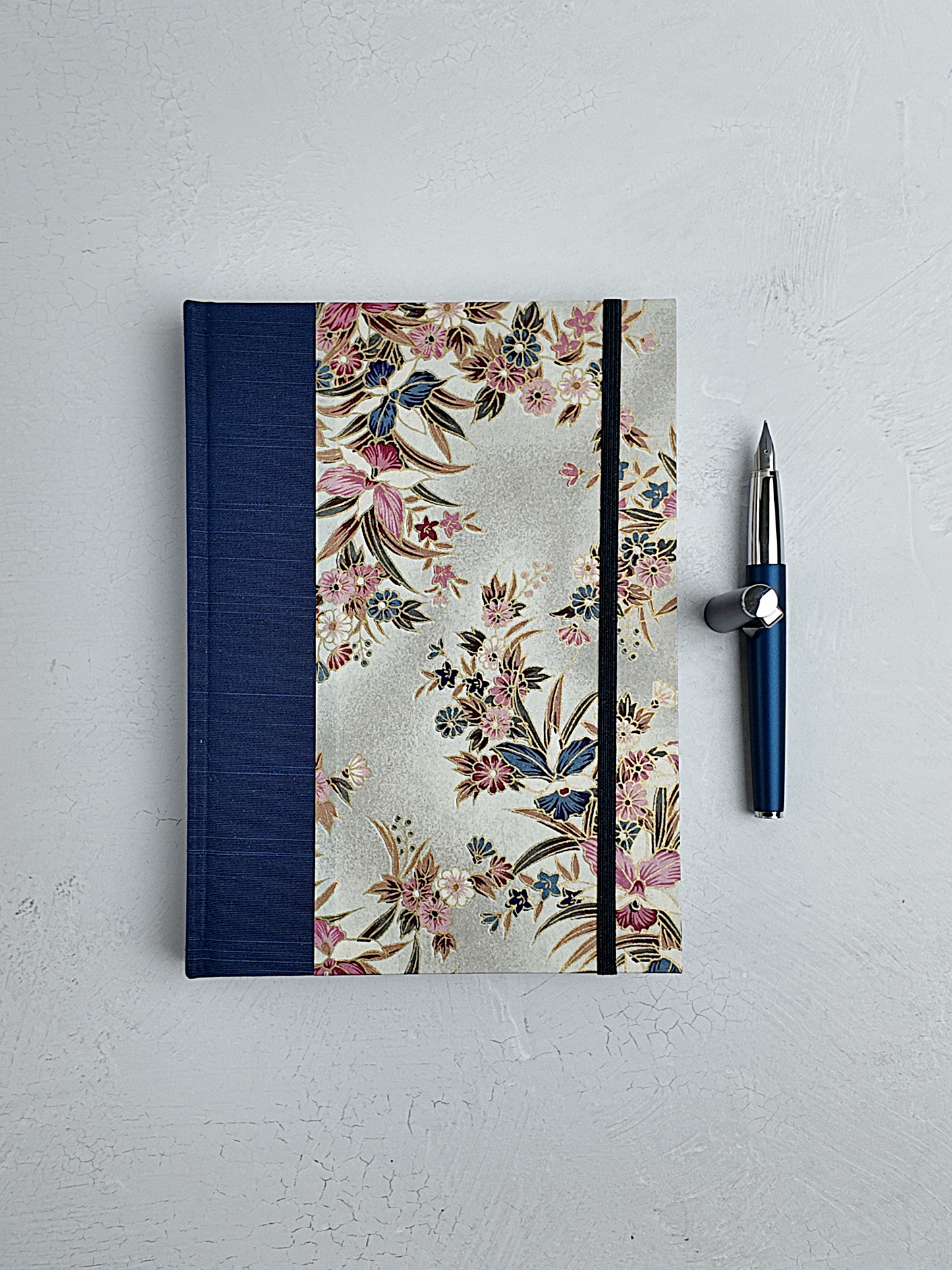 A5 160-page Hardcover Journal finished in Cadet Blue Japanese book cloth and Vintage Chiyogami paper