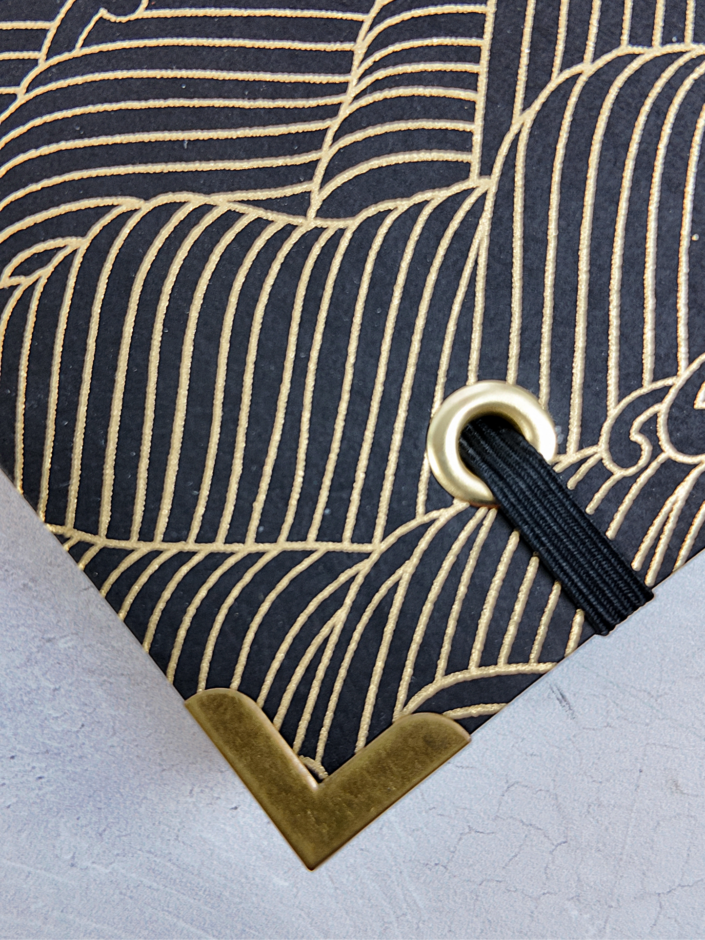 NEW B5 192-page Hardcover Journal finished in black faux leather with gold waves on black Chiyogami Paper
