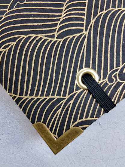 NEW B5 192-page Hardcover Journal finished in black faux leather with gold waves on black Chiyogami Paper