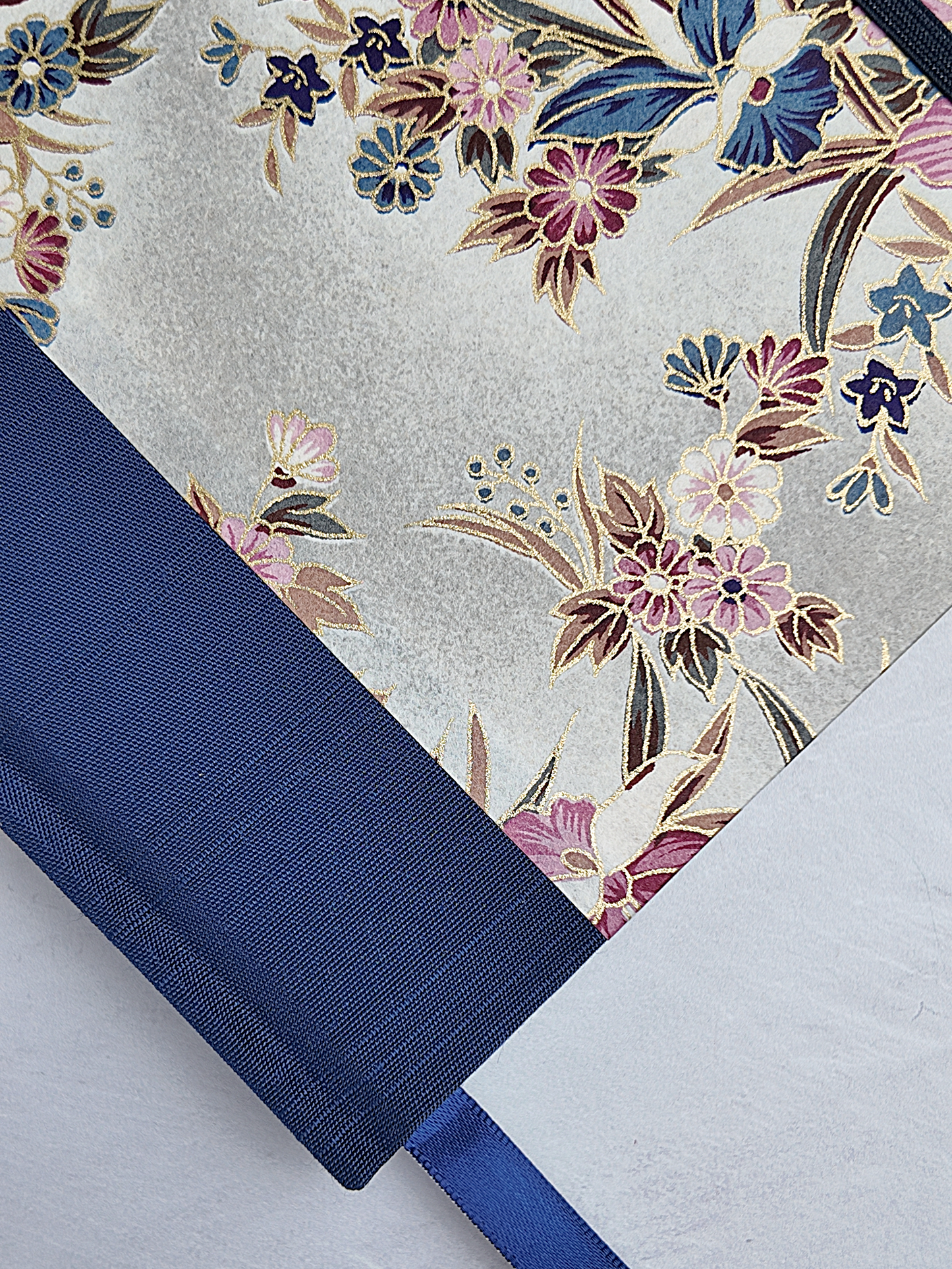 A5 160-page Hardcover Journal finished in Cadet Blue Japanese book cloth and Vintage Chiyogami paper