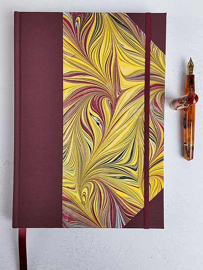 WABI-SABI B5 192-page Hardcover Journal finished in Maroon Japanese Book cloth and handmade marble paper