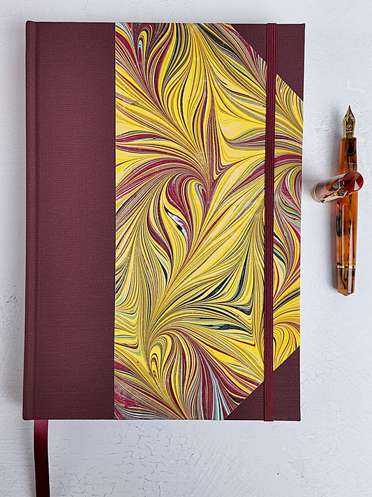 WABI-SABI B5 192-page Hardcover Journal finished in Maroon Japanese Book cloth and handmade marble paper