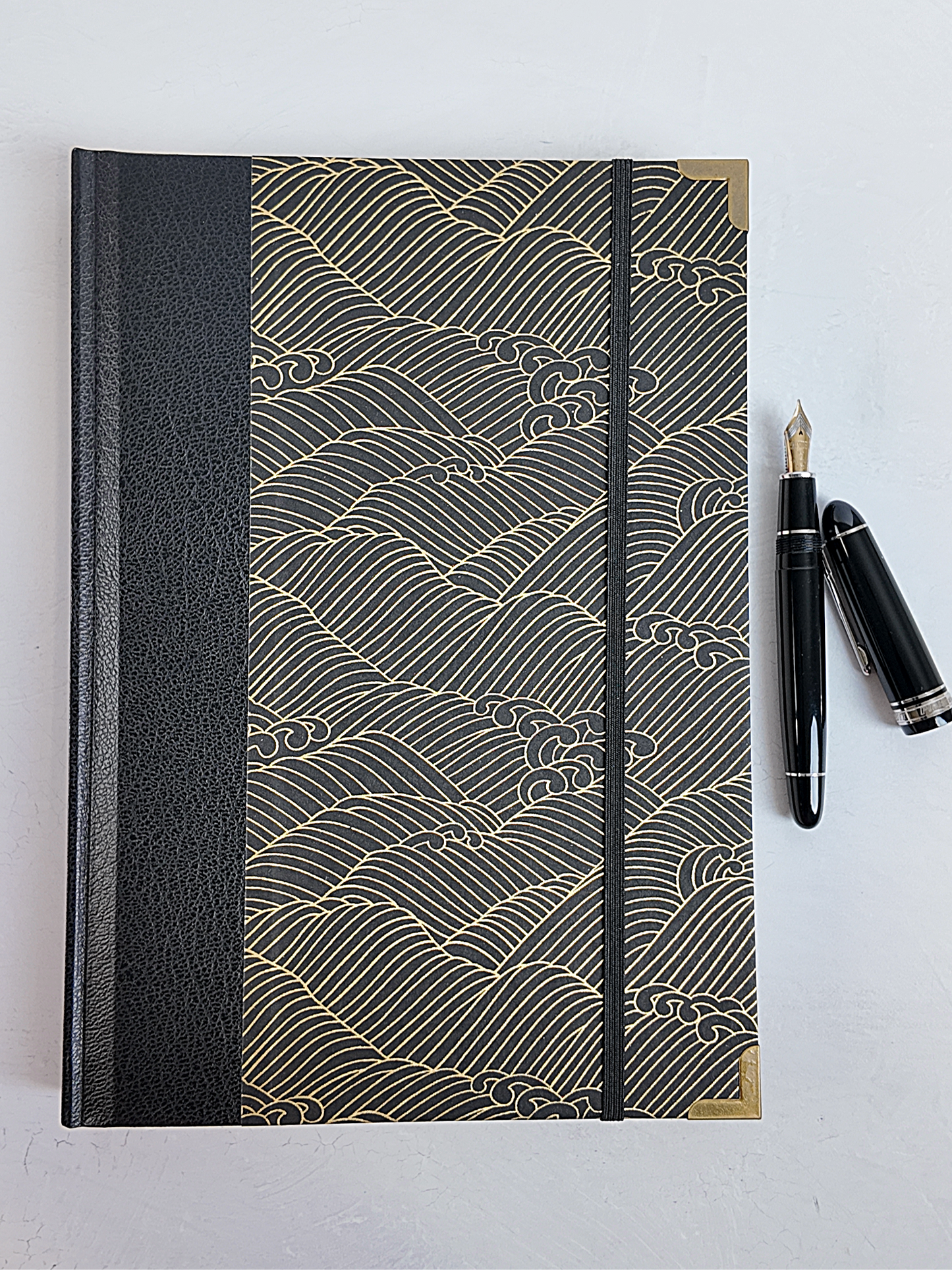 NEW B5 192-page Hardcover Journal finished in black faux leather with gold waves on black Chiyogami Paper