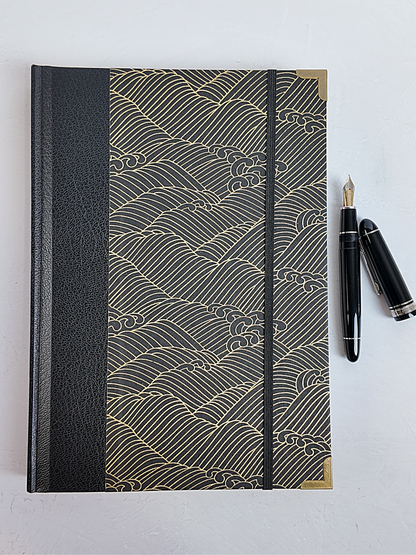 NEW B5 192-page Hardcover Journal finished in black faux leather with gold waves on black Chiyogami Paper