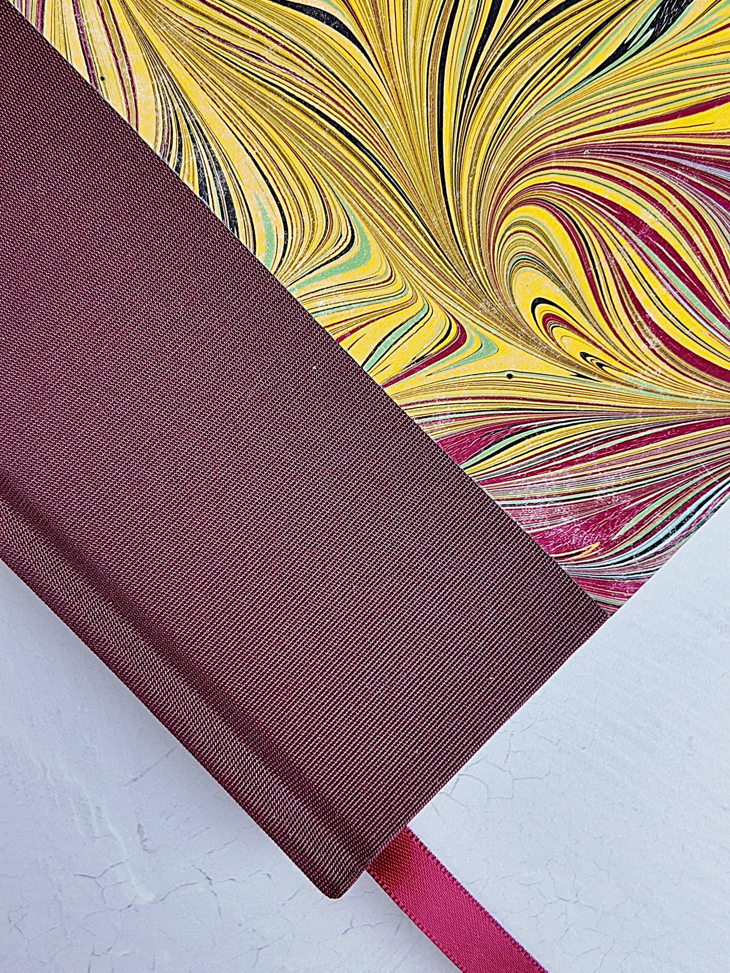 WABI-SABI B5 192-page Hardcover Journal finished in Maroon Japanese Book cloth and handmade marble paper