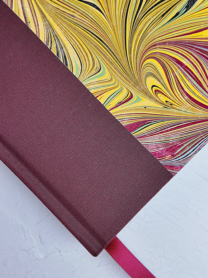 WABI-SABI B5 192-page Hardcover Journal finished in Maroon Japanese Book cloth and handmade marble paper