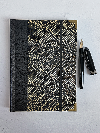 A5 160-page Hardcover Journal finished in black faux leather with gold waves on black Chiyogami Paper