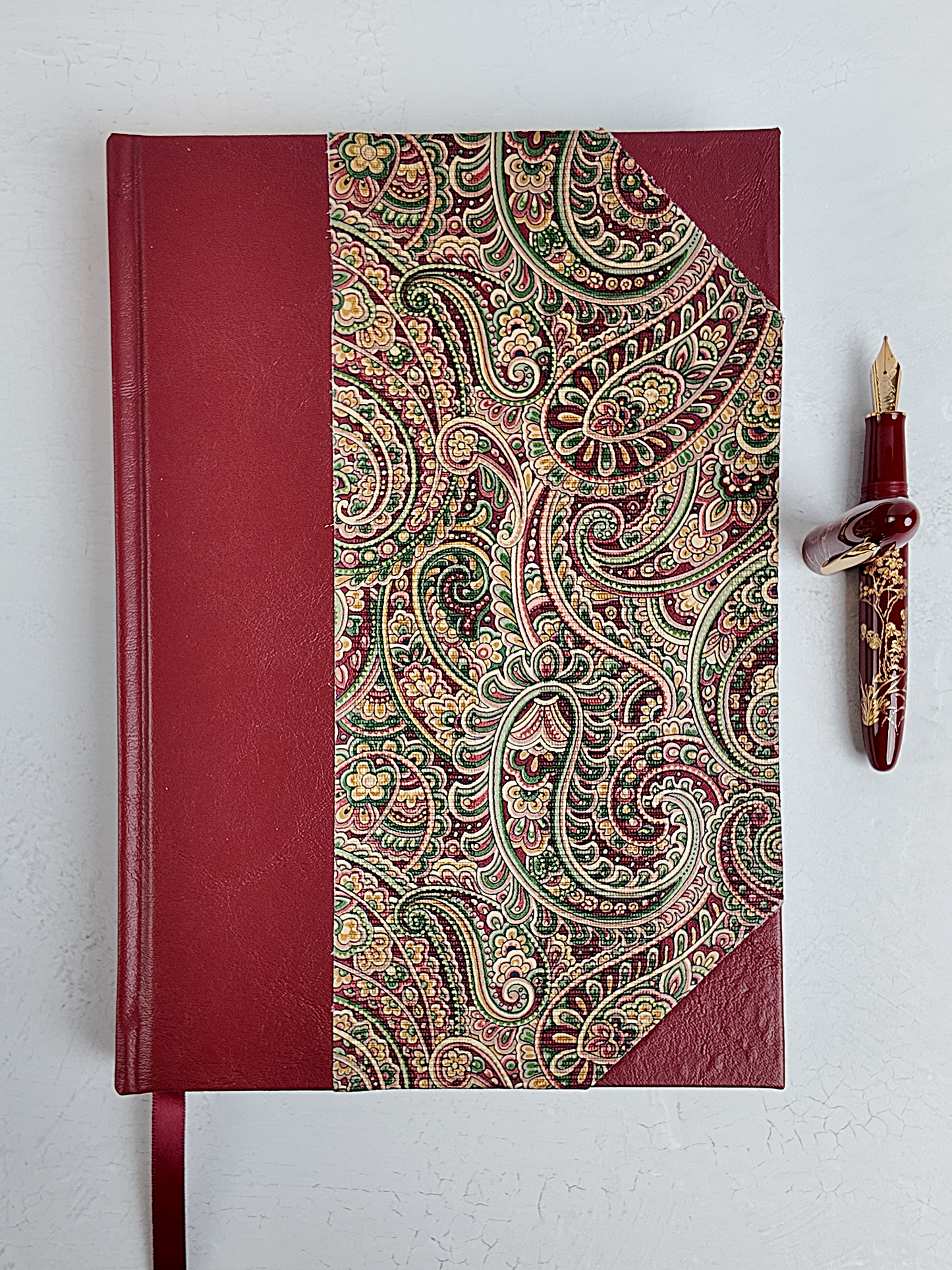WABI-SABI B5 192-page Hardcover Journal finished in Maroon Faux Leather and Paisley Fabric